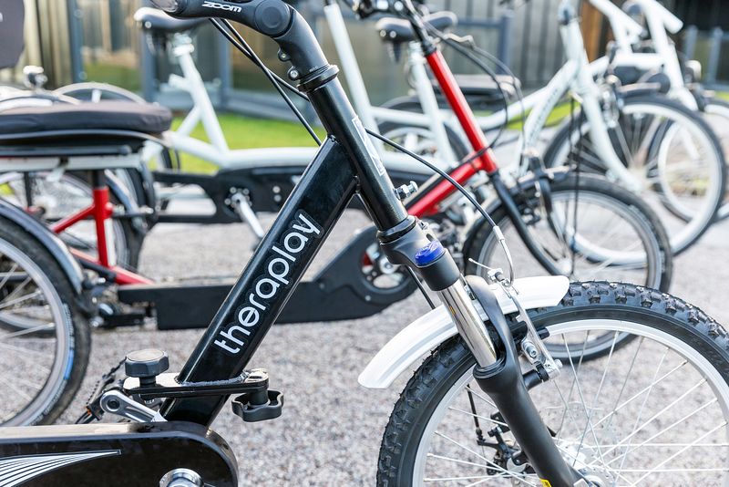 A selection of bikes of different colours can be seen from the side. A black bike with the word 'theraplay' on the frame is near the camera. It has mudguards and looks clean and well maintained.