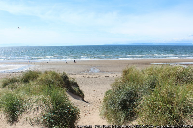 A sandy path between grassy dunes leads to the beach.